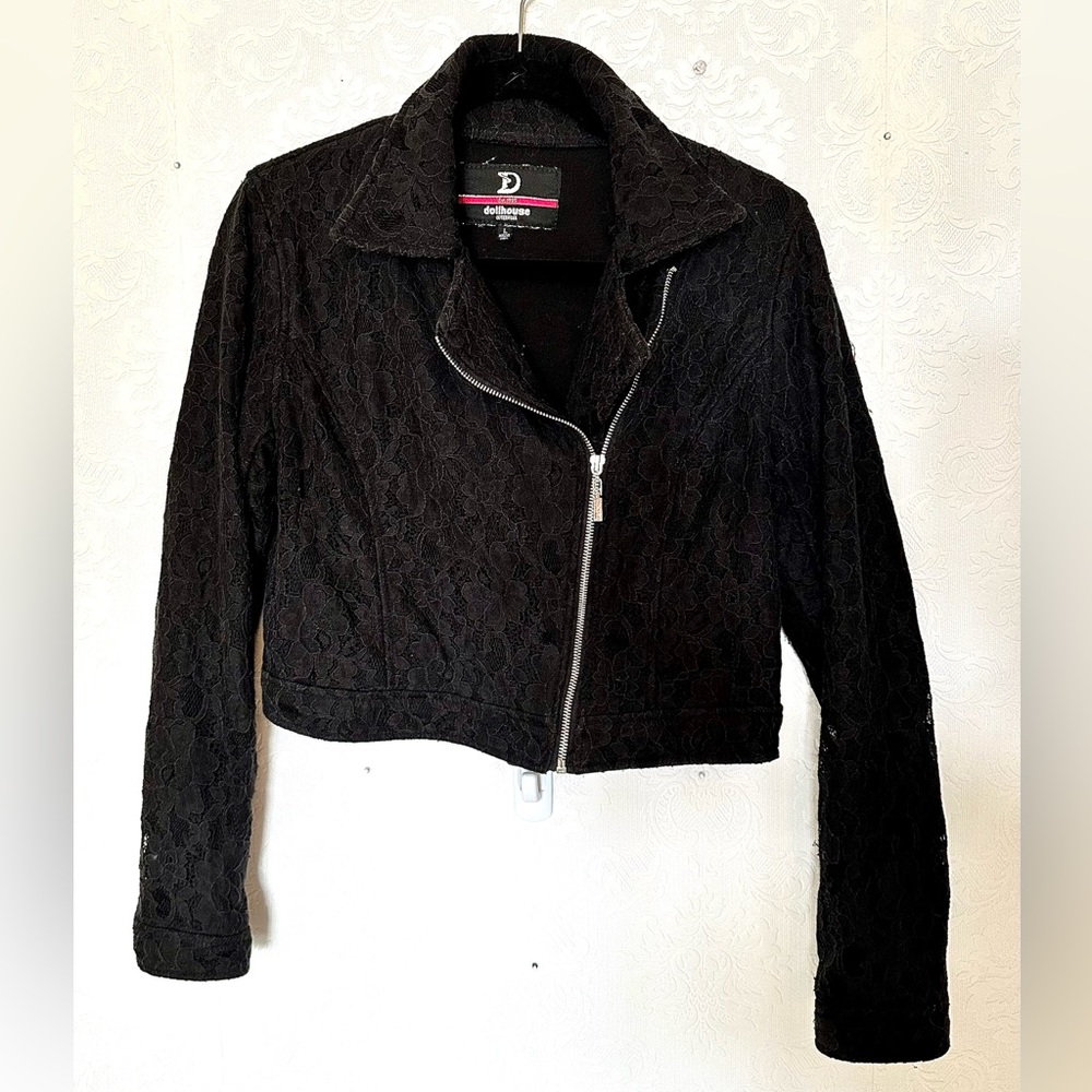 Dollhouse Cropped Asymetrical Zip Lace Moto Jacket Black Size Large